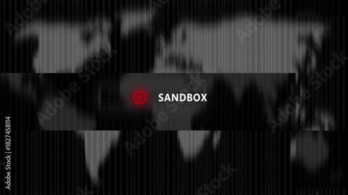 World map silhouette overlaid with binary code and a central glowing text box labeled SANDBOX globe