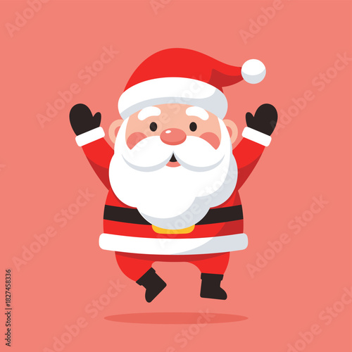 A cheerful cartoon Santa Claus character with a big white beard, red suit, and hat, happily jumping on a pink background.