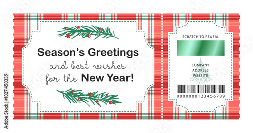 Seasons Greetings and best wishes for the New Year template. Festive pattern with green coniferous branches and berries. Erasable layer scratch to reveal. Vector layout gift voucher for customers.