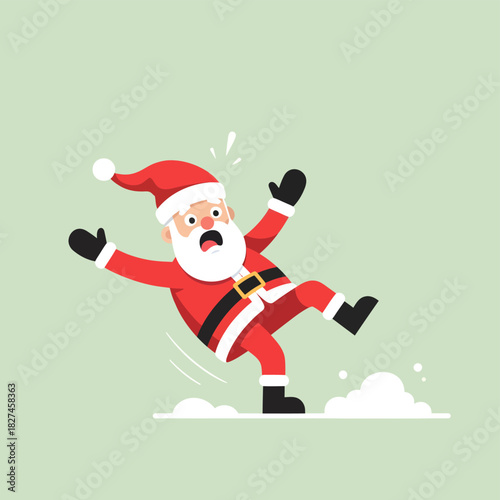 Santa Claus in a red suit and hat slipping and falling on snow.