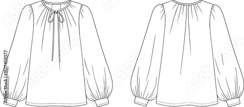 Blouse sketch, fashion cad drawing, flat vector illustration, keyhole neckline, gathered sleeve, button cuff, front and back view, garment design