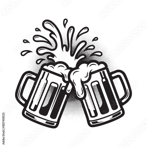 Two beer mugs clinking in a festive toast, with frothy beer splashing, a bold black and white illustration, isolated on white background