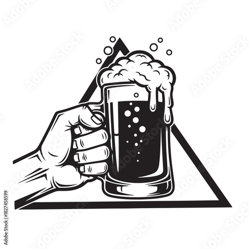 A hand holding a frothy mug of beer with overflowing foam, presented as a bold black and white line art illustration, isolated on white