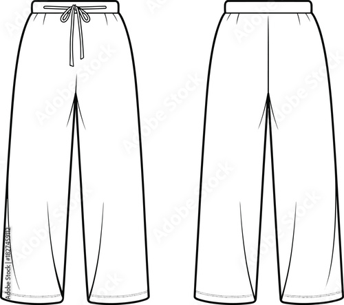 CAD drawing flat vector illustration of lounge pants front and back view, wide leg relaxed fit, drawstring waistband, casual garment design