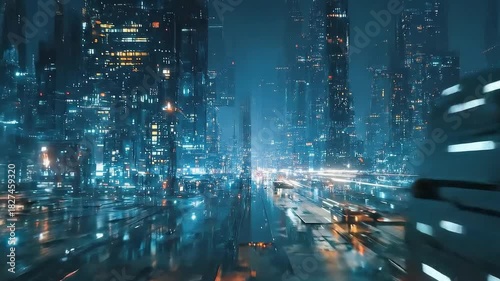 4K Futuristic City Night Vertical Skyscrapers Blue Neon Glow