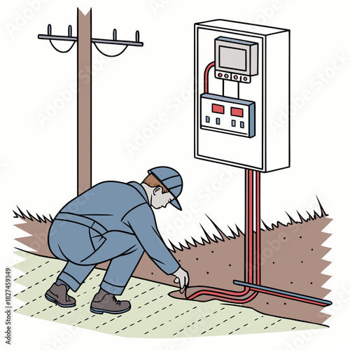Electrician installing underground power cables connecting to an outdoor electrical utility box and utility pole