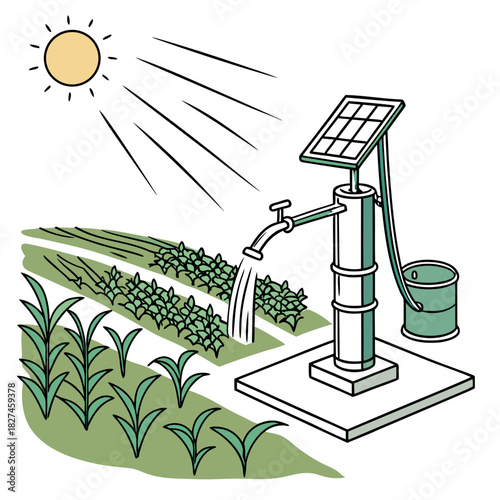 Solar powered water pump irrigating lush green crops under a bright sunny sky in a rural agricultural setting