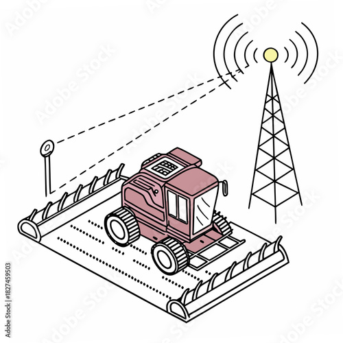 Modern agricultural combine harvester operating in a field connected wirelessly to a communication tower for data transmission