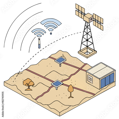 Diagram illustrating a smart grid system with solar panels a satellite and wireless communication towers connecting to a building