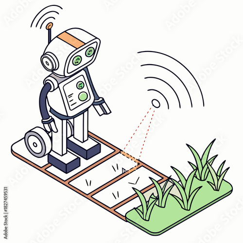 Cute cartoon robot with antenna and wheels on a grid surveying plants with wireless signals and dotted lines