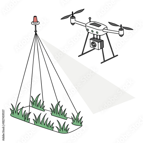 Modern agricultural drone equipped with camera inspecting healthy green grass crops in a field for precision farming
