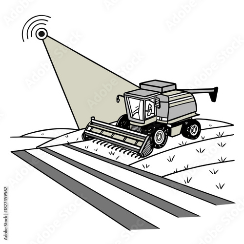 Modern combine harvester with satellite signal guiding its autonomous operation on a cultivated farm field
