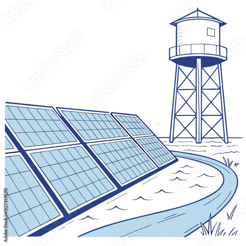 Modern solar panels providing clean energy next to a traditional water tower in a rural landscape illustration