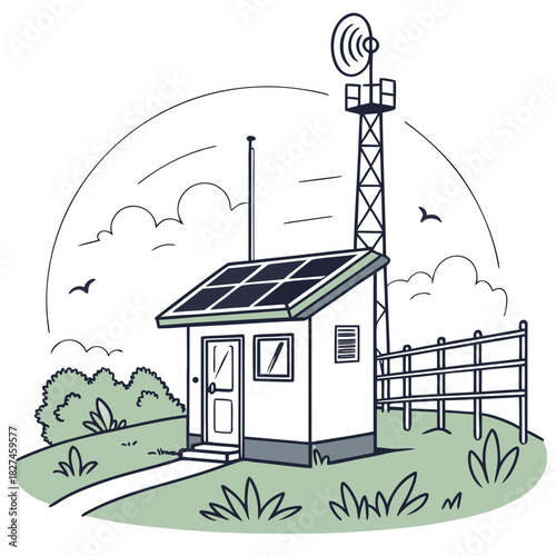 Small weather station building with solar panels and communication tower in a rural landscape with birds and clouds