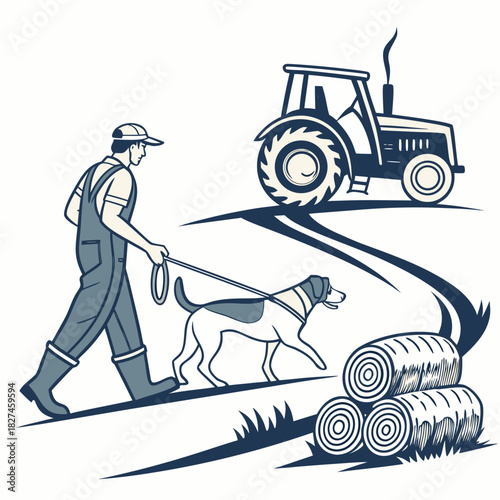 Farmer walking his dog on a leash with a tractor and hay bales in the background on a farm