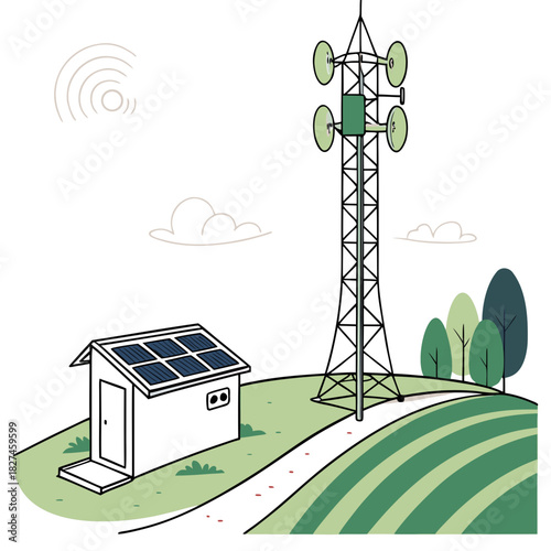 A communication tower powered by solar panels stands on a grassy hill with stylized trees and clouds in the background
