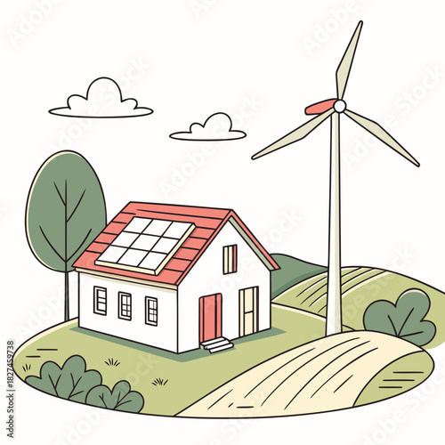 Sustainable living with a modern house featuring solar panels and a wind turbine in a rural landscape