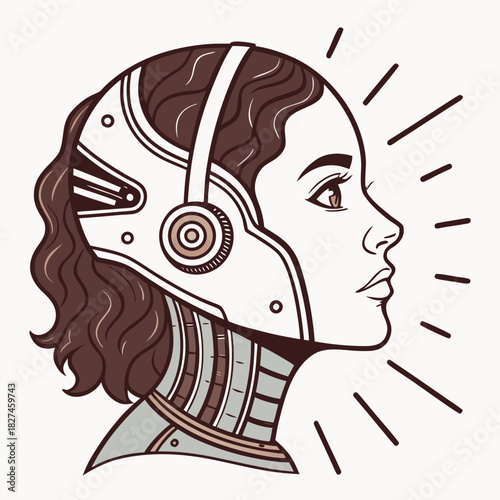 Stylized profile of a woman with robotic enhancements and wavy brown hair against a neutral background