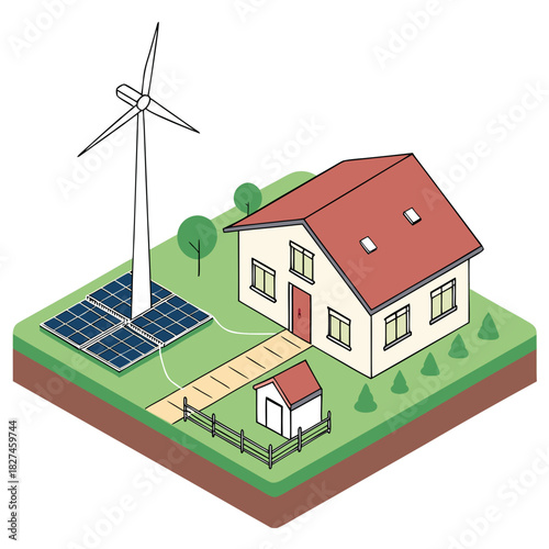 Illustration of a modern house powered by renewable energy sources including solar panels and a wind turbine
