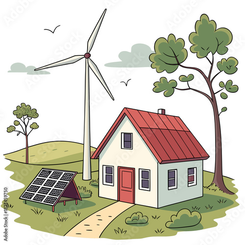 A charming cartoon illustration of a sustainable home powered by solar panels and a wind turbine in a green landscape