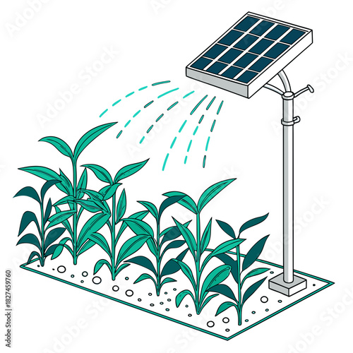 Illustration of a solar powered irrigation system watering young green plants in a garden bed with sunlight