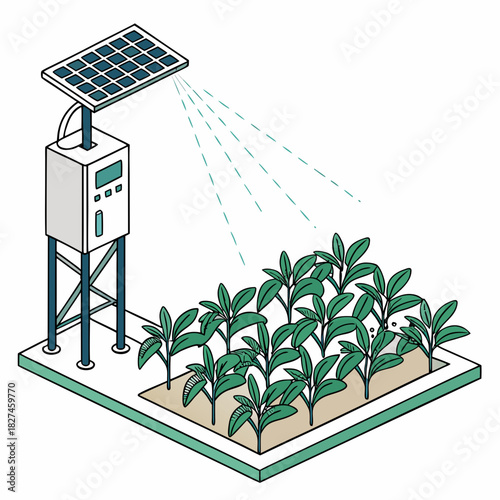 Automated solar powered irrigation system watering young plants in a modern sustainable farm field