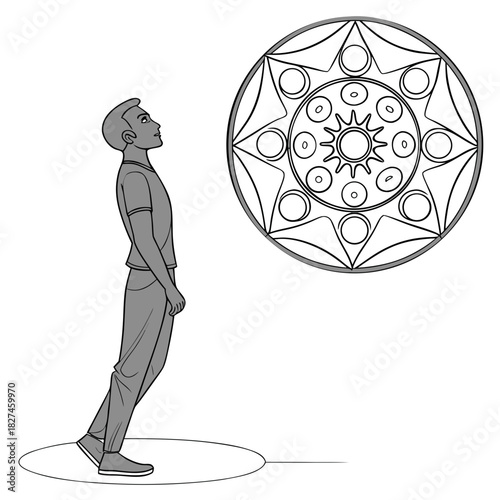 A man stands on a circular platform looking up in awe at a large intricate mandala design displayed above him