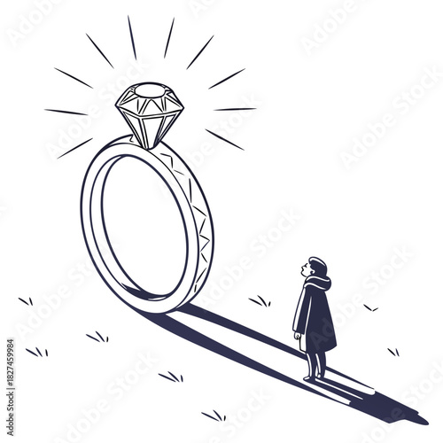 A person stands in a field looking up at a giant sparkling diamond engagement ring casting a long shadow