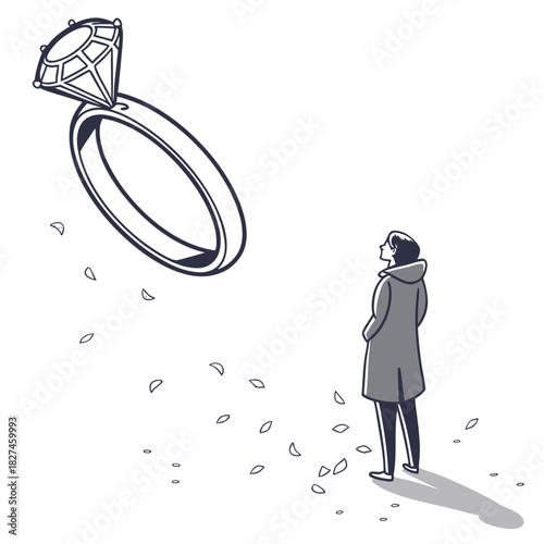 A person in a coat looks up at a large diamond ring floating in the air surrounded by falling petals