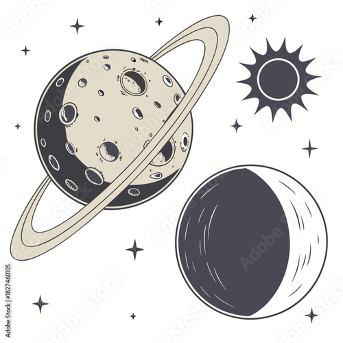 Stylized illustration of a ringed planet a crescent moon and a sun surrounded by stars in a minimalist space scene