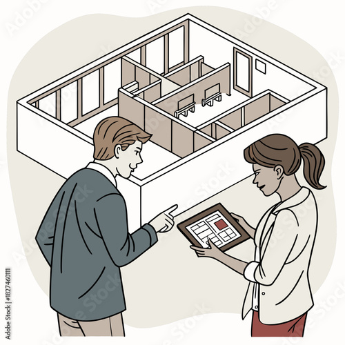 Man and woman discussing a floor plan on a tablet in front of an isometric building layout