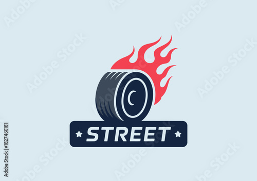 A dynamic logo design showcasing a tire with flames, representing speed, energy, and the thrill of street racing culture in an eye-catching layout.