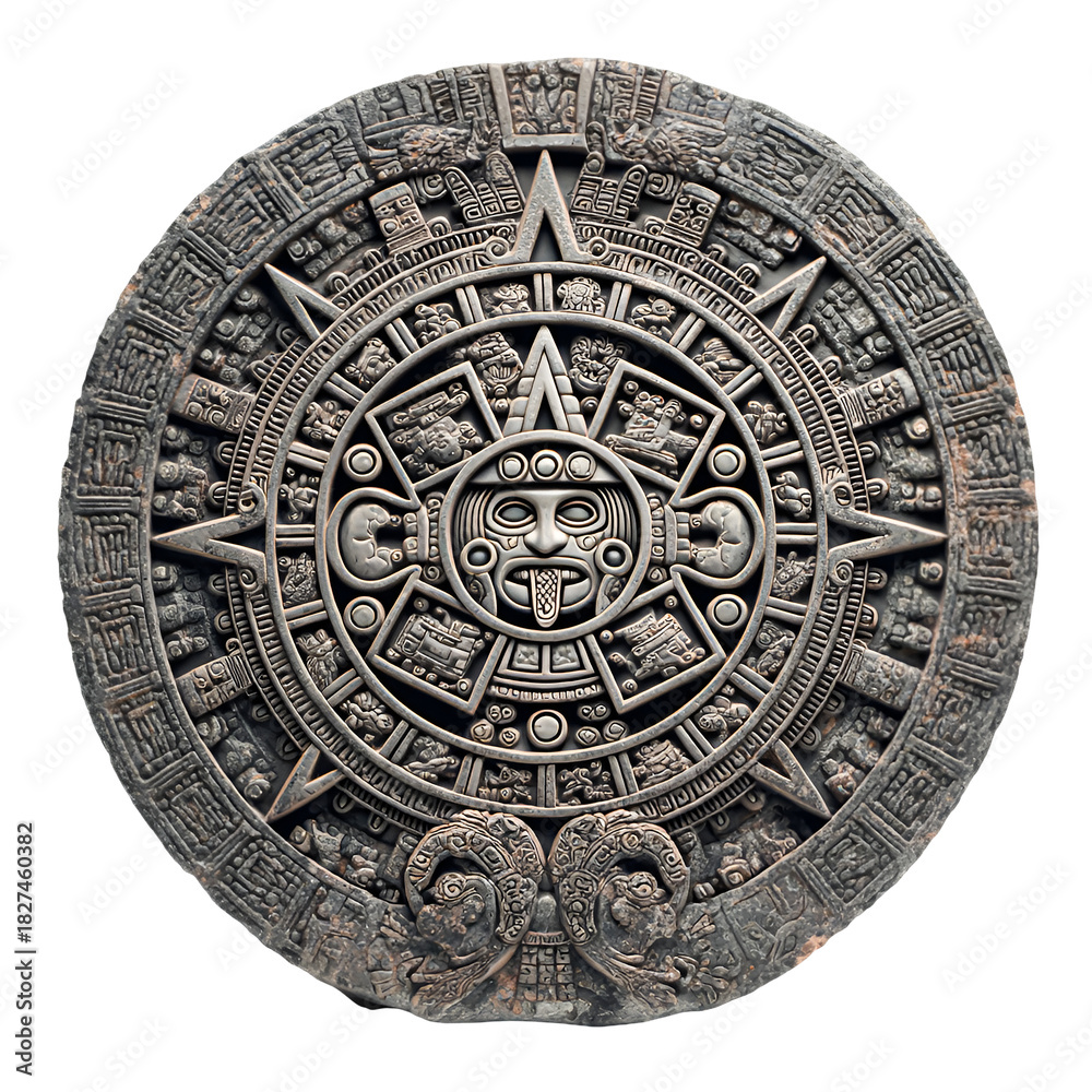 Fototapeta premium Ancient aztec sun stone calendar intricately carved stone artifact isolated on transparent background