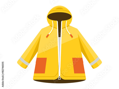 This vibrant yellow rain jacket features a hood and pockets, perfect for staying dry and stylish on rainy days. It is both practical and visually appealing, suitable for all ages.