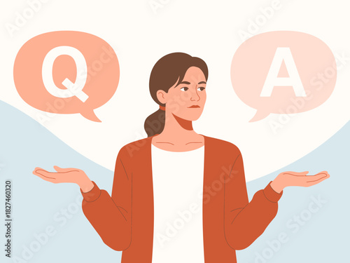 A thoughtful woman depicting the concept of inquiry and knowledge, with the letters Q and A symbolizing questions and answers in a visually appealing manner.