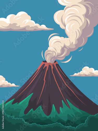 A dramatic illustration showcasing an erupting volcano, surrounded by lush greenery and clouds, depicting the raw power of nature and the beauty of geophysical phenomena.