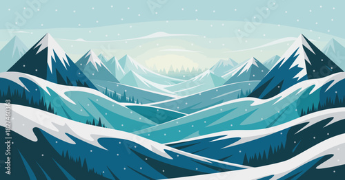 This serene winter landscape features majestic snow-capped mountains and tranquil valleys, conveying a sense of calmness and stillness associated with cold winter beauty and nature.