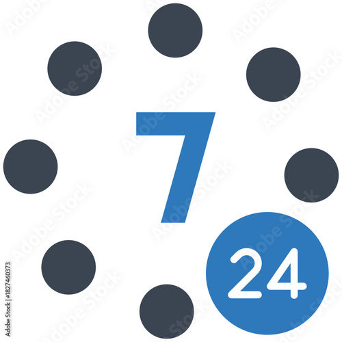 Service Availability: An illustrative design of the number 7 circled by small dots, accompanied by a 24 symbol, depicting a concept of continuous availability and service