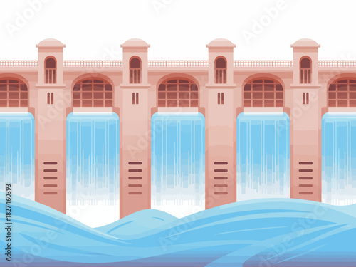 A serene illustration showing a grand dam with cascading water, embodying engineering marvel, the power of nature, and the importance of water conservation.