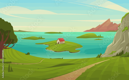 A captivating landscape illustration featuring a tranquil body of water surrounded by lush, green islands and gentle hills, evoking a sense of peace and natural beauty.
