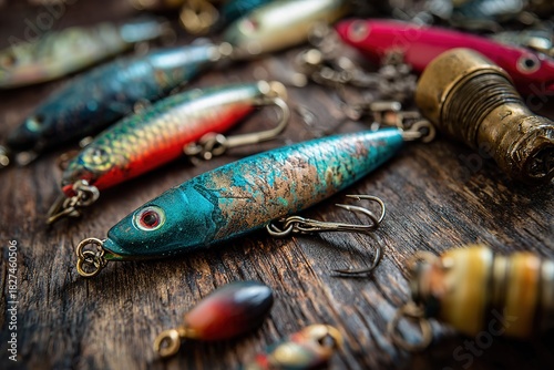 Colorful Vintage Fishing Lures on Rustic Wood