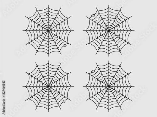 A collection of four intricately designed spider webs on a clean white background, showcasing the beauty and complexity of nature's delicate artistry in symmetry.