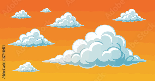 Soft, cartoonish clouds float across a vibrant sunset sky, creating a serene and dreamy atmosphere, ideal for illustrations that promote relaxation or tranquility in design.