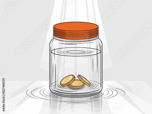 This minimalistic illustration portrays a jar with coins, symbolizing savings, investment, and financial management in a contemporary artistic style with a focus on simplicity.