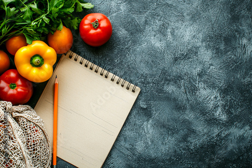 Fresh vegetables and blank notepad ready for cooking ideas on dark stone background Generative AI