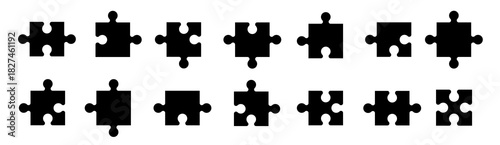 Puzzle piece element collection. Set of game puzzle. Pieces of puzzle. Vector outline icon of puzzle. Black jigsaw image.