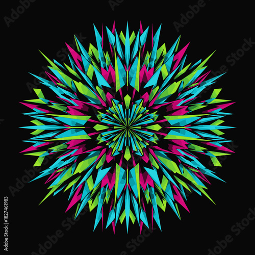 A captivating abstract design featuring sharp, geometric shapes radiating outwards in a vibrant explosion of neon green, magenta, and cyan against black.