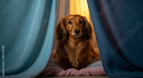 Dog Relaxing Comfortably Between Cozy Curtains in Soft Light