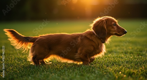 Dog Walking on Grass at Sunset in Golden Light