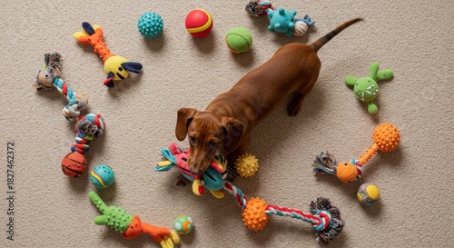 Dog Playtime Dachshund Surrounded by Colorful Toys